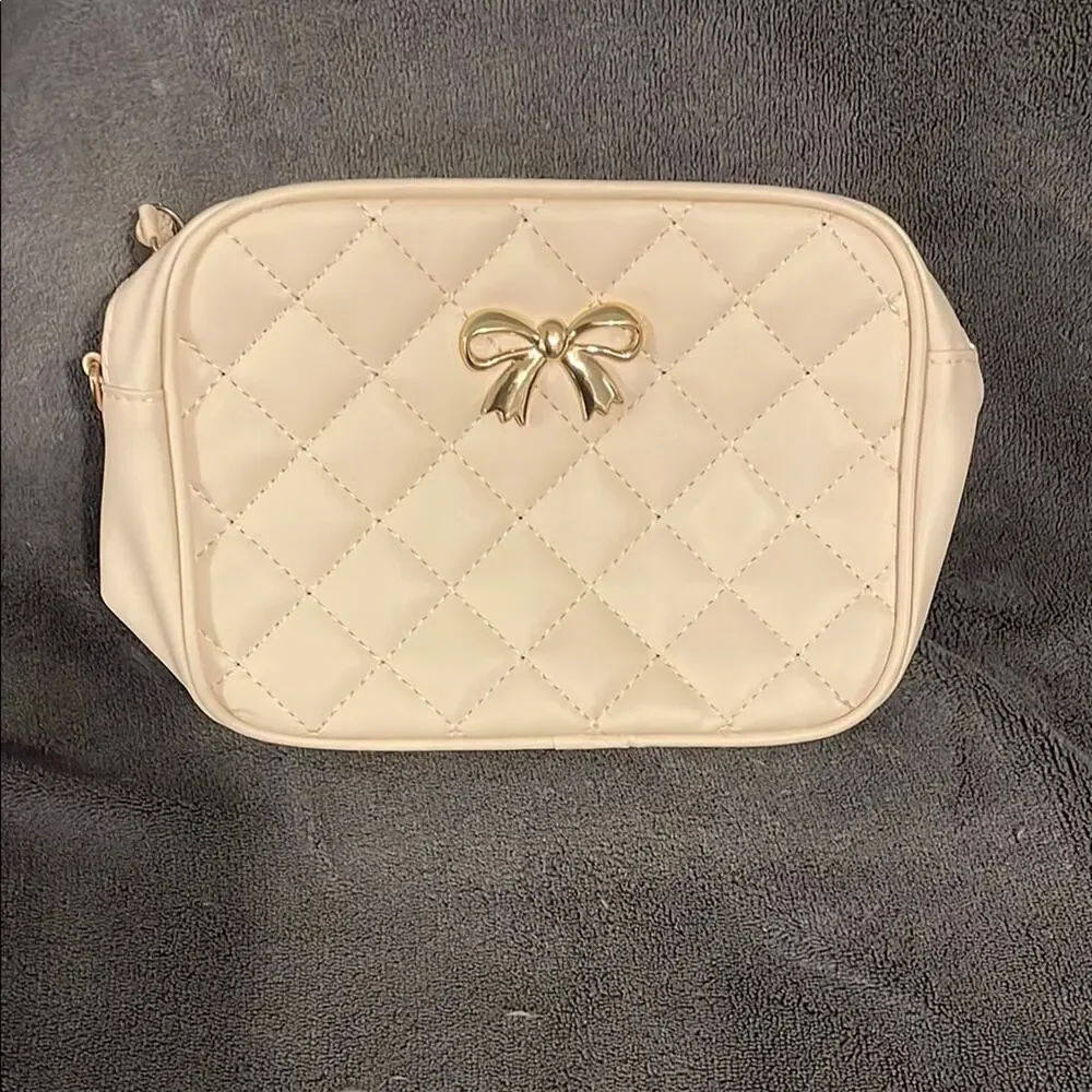 Elegant White Quilted cosmetic Bag with Gold Bow